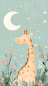 Giraffe unter Mondsichel im Blumengarten