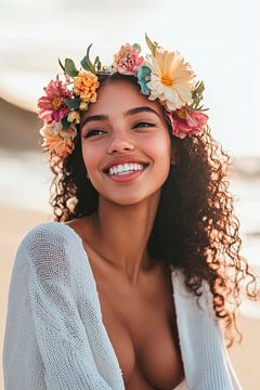 Cheerful portrait with wreath of flowers on the beach by Poster Art Shop