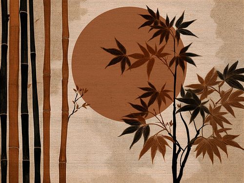 Japandi : bambou et feuilles d'érable sous le soleil chaud du soir