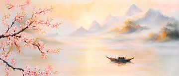 Rustig landschap met boot en bloemen van Poster Art Shop