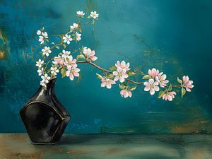 Verziertes Japandi-Stillleben: Kirschblüte auf schwarzer Vase