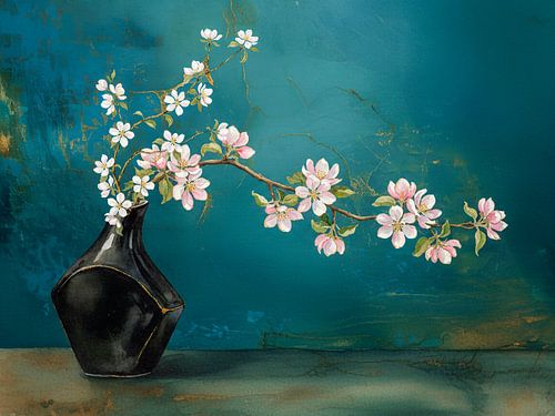 Sierlijk Japandi stilleven: Kersenbloesem op zwarte vaas