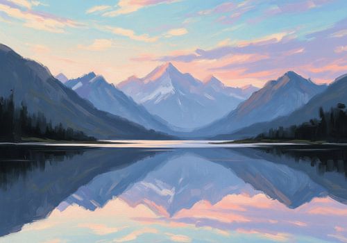 Fluistering van de schemering: Een sereen bergmeer met een zachtroze en lavendelblauwe lucht bij zonsondergang