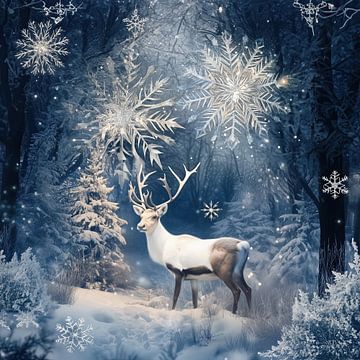 Rendier in magisch bos winter wonderland kerstmis van Mel Digital Art