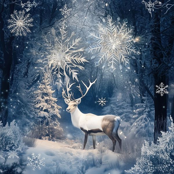 Rentier im Zauberwald Winterwunderland Weihnachten von Mel Digital Art