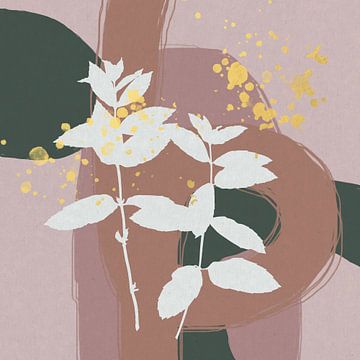 Abstrakte botanische Kunst. Pflanzen, Pastell und goldene Formen in rosa Grün von Dina Dankers