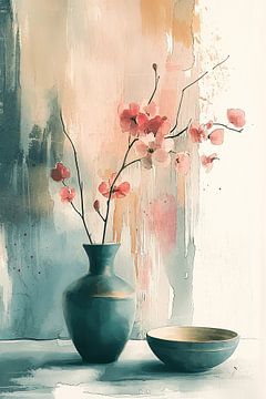 Turquoise vaas in aquarel no.12 van Studio BB