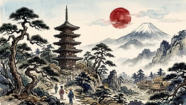 Pagoda Beneath the Crimson Sun by my pixel art