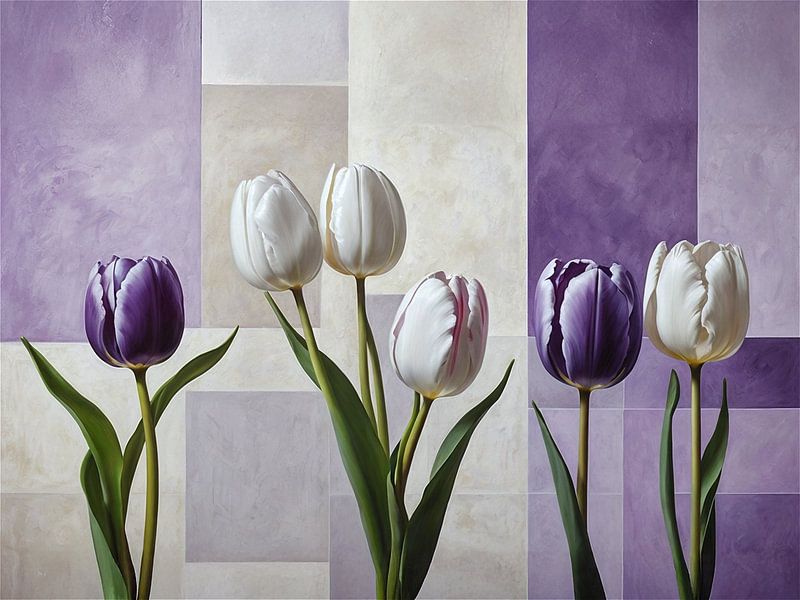 Witte en paarse tulpen tegen abstracte achtergrond van Jan Bouma