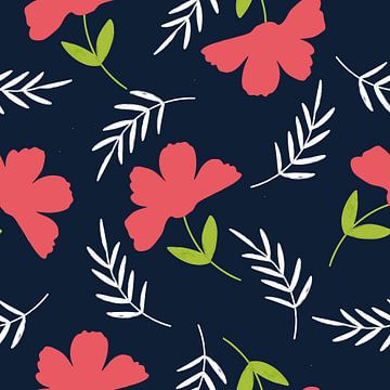Modernes florales Muster mit roten Blumen und weißen Blättern auf Dunkelblau von SoftNature Patterns