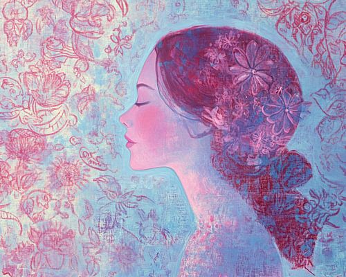 Woman in Flowers | Serene Woman in a Floral Pattern by Zen and More