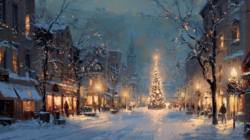 Arbre de Noël dans une ville d'hiver illuminée à l'atmosphère nostalgique