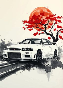 Nissan GT-R R34 Sumi-E Schilderij van MIROKKU