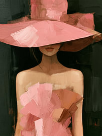 Elegante vrouw met grote roze hoed | Modern fashion portret in roze en donkergroen