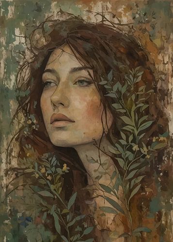 Vintage meisjesportret met natuur abstract