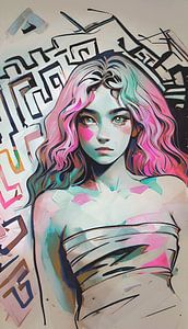 Femme aux cheveux roses dans le style street art sur Emiel de Lange