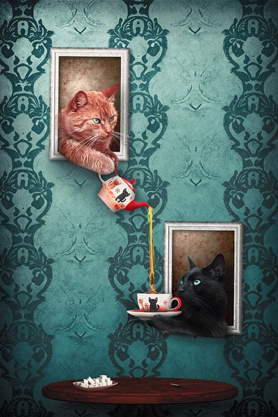 Bezauberndes Café mit Gemälden roter und schwarzer Katzen - Gemütlichkeit und Gastfreundschaft von Elianne van Turennout