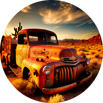 De vergeten auto in de Arizona woestijn bij zonsondergang van Vlindertuin-Art