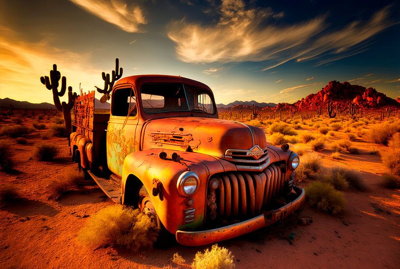 De vergeten auto in de Arizona woestijn bij zonsondergang van Vlindertuin Art