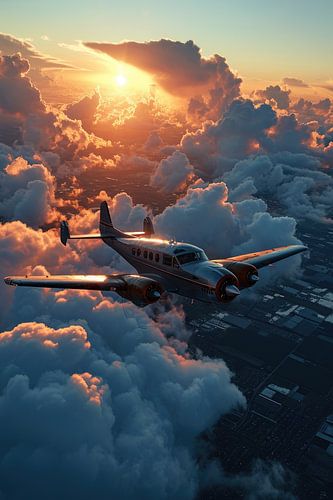 Oud WW2 vliegtuig vliegt tijdens de zonsopkomst