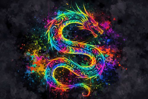 Verlichte tribale draak in neon-splash-stijl – Abstracte fantasiewanddecoratie in S-vorm