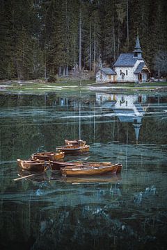 Dolomites Braies Lake with boats by Jean Claude Castor
