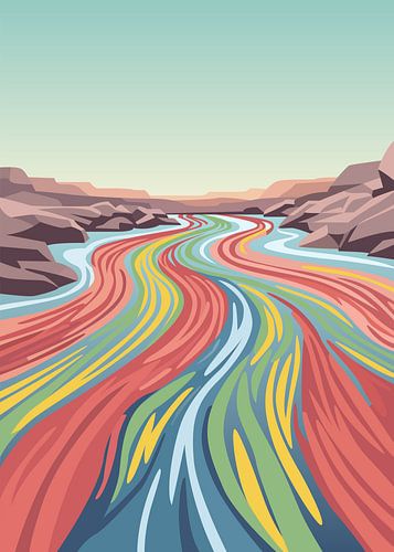 Illustration vectorielle de paysage naturel en style plat représentant une rivière vivante et colorée, avec des lignes multicolores qui serpentent à travers un canyon