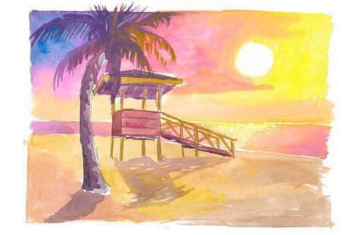 Coucher de soleil animé sur la plage Vessigny Beach Trinidad Tobago avec la tour des sauveteurs