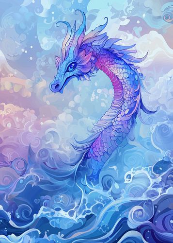 Kleurrijke zeedraak boven een kolkende oceaan