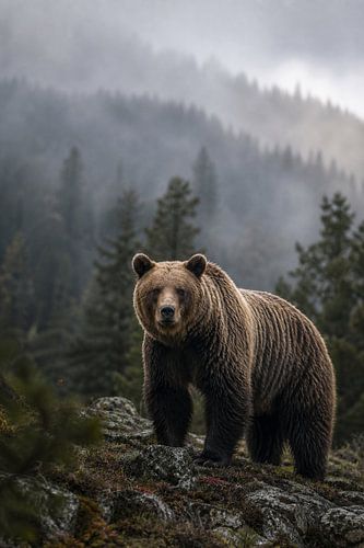 Grizzlybär in nebliger Berglandschaft – Kinematische Fine-Art-Naturfotografie