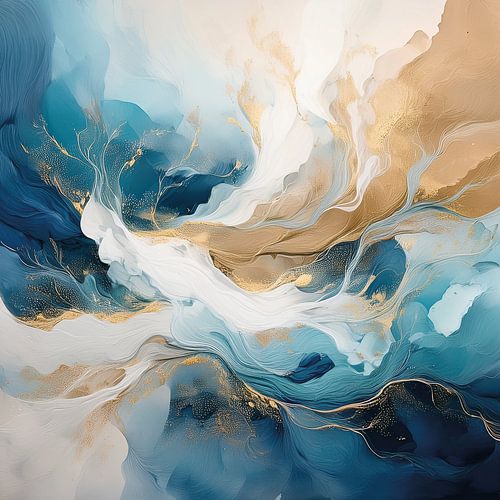 Abstract work of warm tones, cool blues and cream colours.
