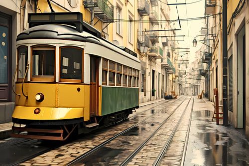 Gele tram op minimalistische rails