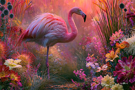 Flamant rose et fleurs tropicales