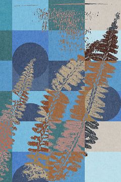 Moderne abstrakte botanische Kunst. Farnblätter auf geometrischem Muster in Retro-Farben 3 von Dina Dankers