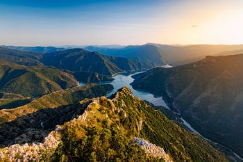 Panoramic view of Kozjak Lake in North Macedonia during sunset