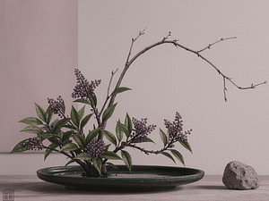 Nature morte sereine : ikebana aux fleurs violettes