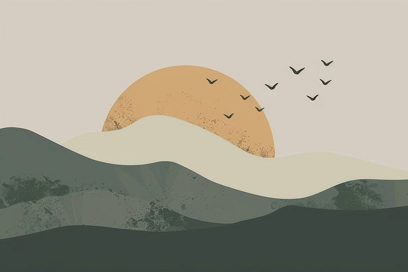 Green sunrise with birds - Minimalist landscape art by Poster Art Shop