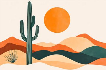 Woestijnlandschap met cactus en zon van Poster Art Shop