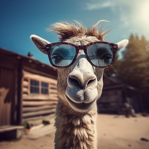 Llama with sunglasses in front of a mountain hut