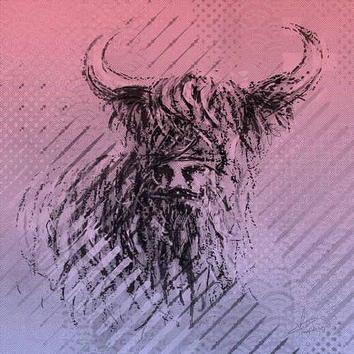Onderdeel van drieluik 01 - Schotse hooglander kunstwerk in lila zwart en roze