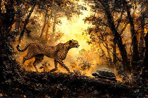 Cheeta en schildpad in bos