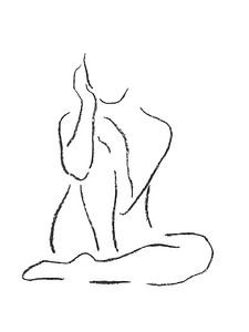 Pleine de confiance (dessin au trait portrait femme nue assise fusain ligne art noir et blanc minima