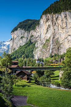 Lauterbrunnen train, church and waterfall