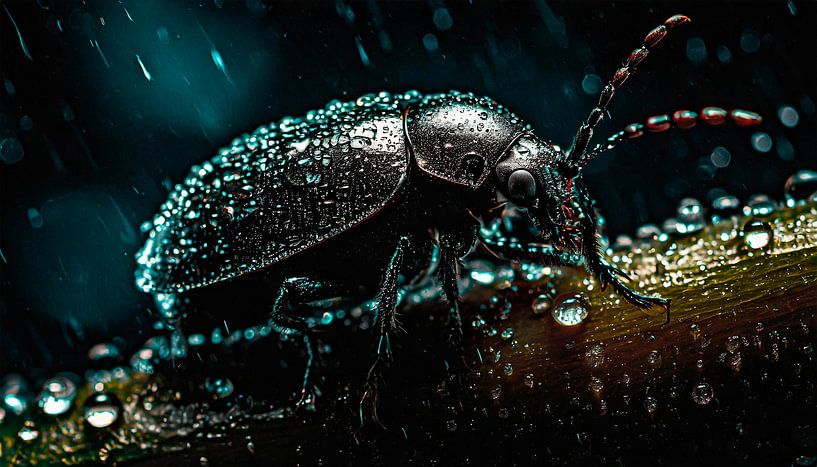 Beetle in the rain with raindrops by Mustafa Kurnaz