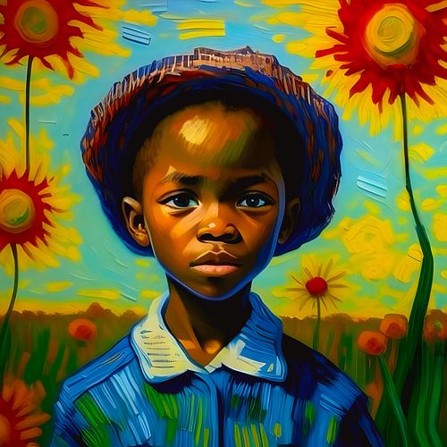 Afrikaans Jongentje Met Zonnebloemen, Van Gogh Stijl