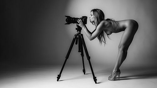 Black and white photography - Naked woman with camera on tripod