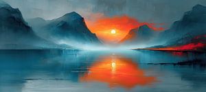 Abstracte Zonsondergang | Fiery Silence Amidst Peaks van Kunst Kriebels