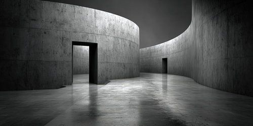 Gebogen betonnen gang met zijgangen