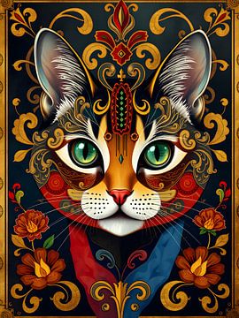 Mystieke kat omlijst door gouden ornamenten