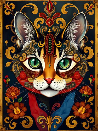 Mystische Katze umrahmt von goldenen Ornamenten